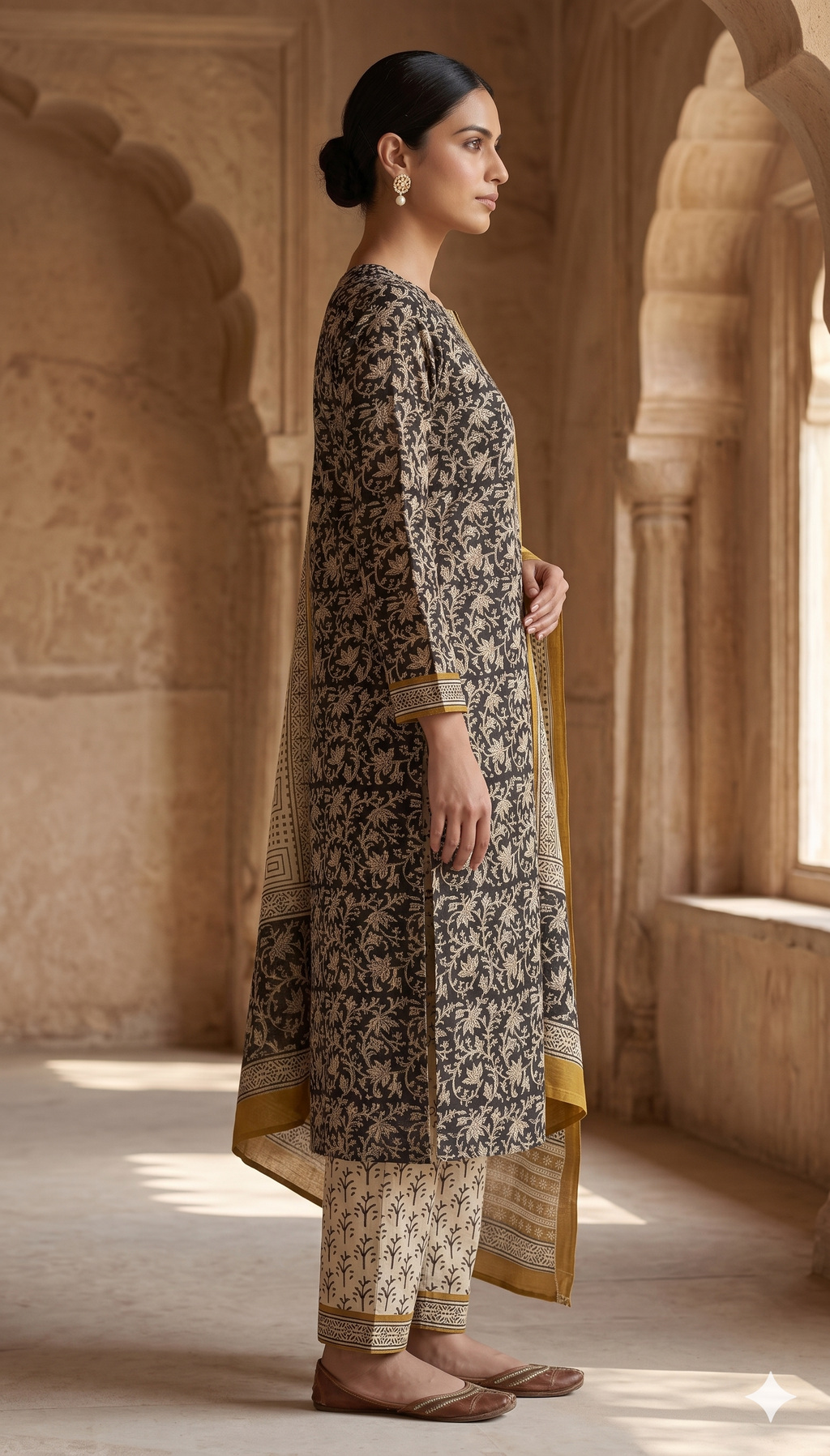 Black Floral Jaal Jaipur Hand Block Print Unstitched Suit with Geometric Dupatta