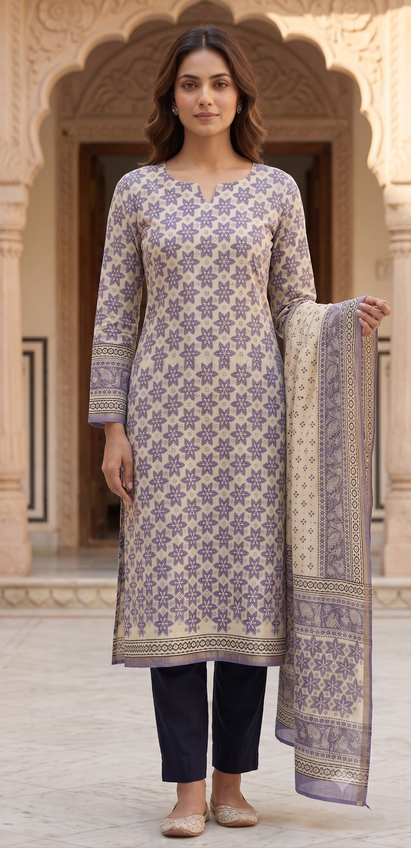 Lilac Star Geometric Jaipur Hand Block Print Unstitched Suit with Solid Bottom