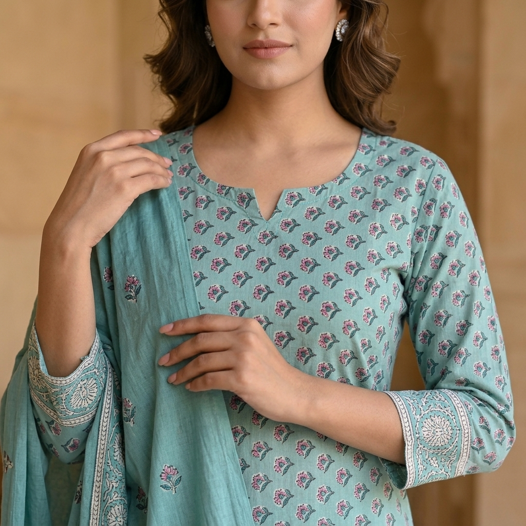 Light Aqua Floral Buti Jaipur Hand Block Print Unstitched Suit
