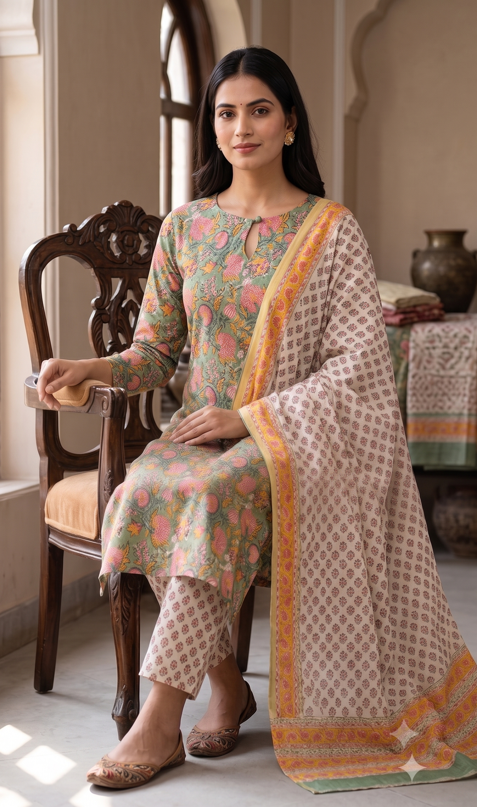 Sage Green and Pink Floral Jaal Jaipur Hand Block Print Unstitched Suit with Buti Dupatta