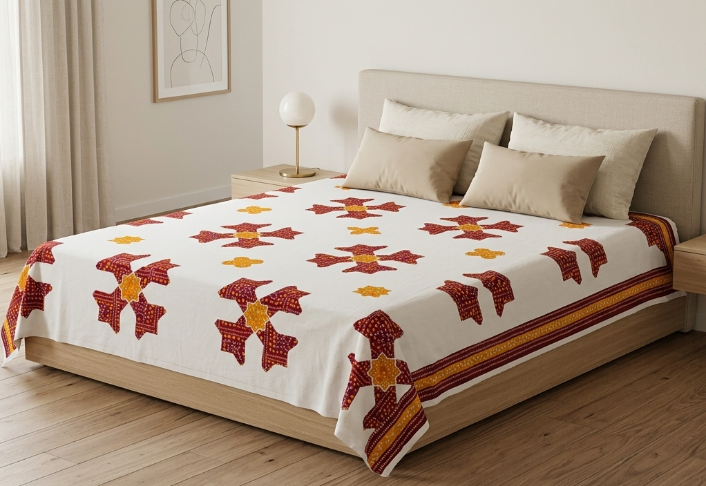 Traditional Bandhani Inspired Maroon & Mustard Cotton Bedsheet Set