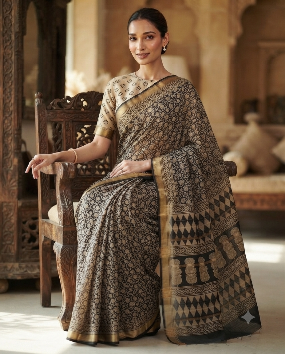 Premium Black & Antique Gold Handloom Cotton Saree | Artisan Woven Traditional Indian Saree