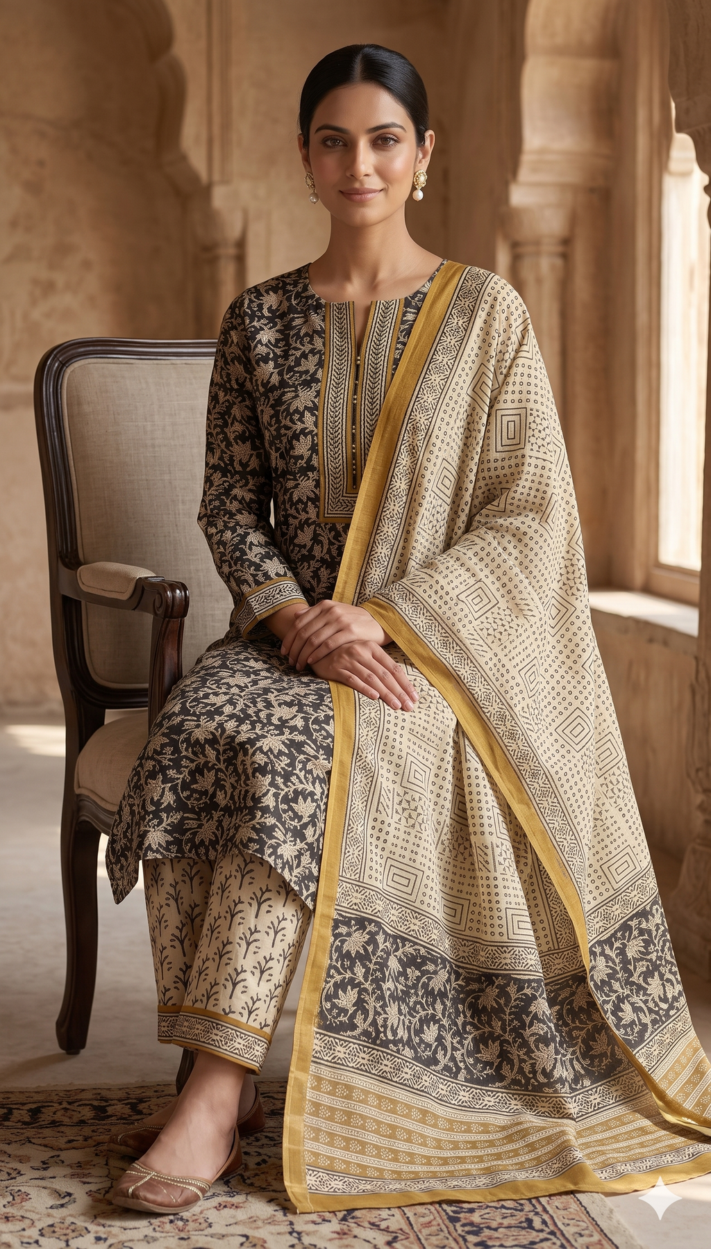 Black Floral Jaal Jaipur Hand Block Print Unstitched Suit with Geometric Dupatta