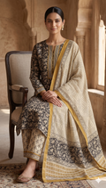 Black Floral Jaal Jaipur Hand Block Print Unstitched Suit with Geometric Dupatta