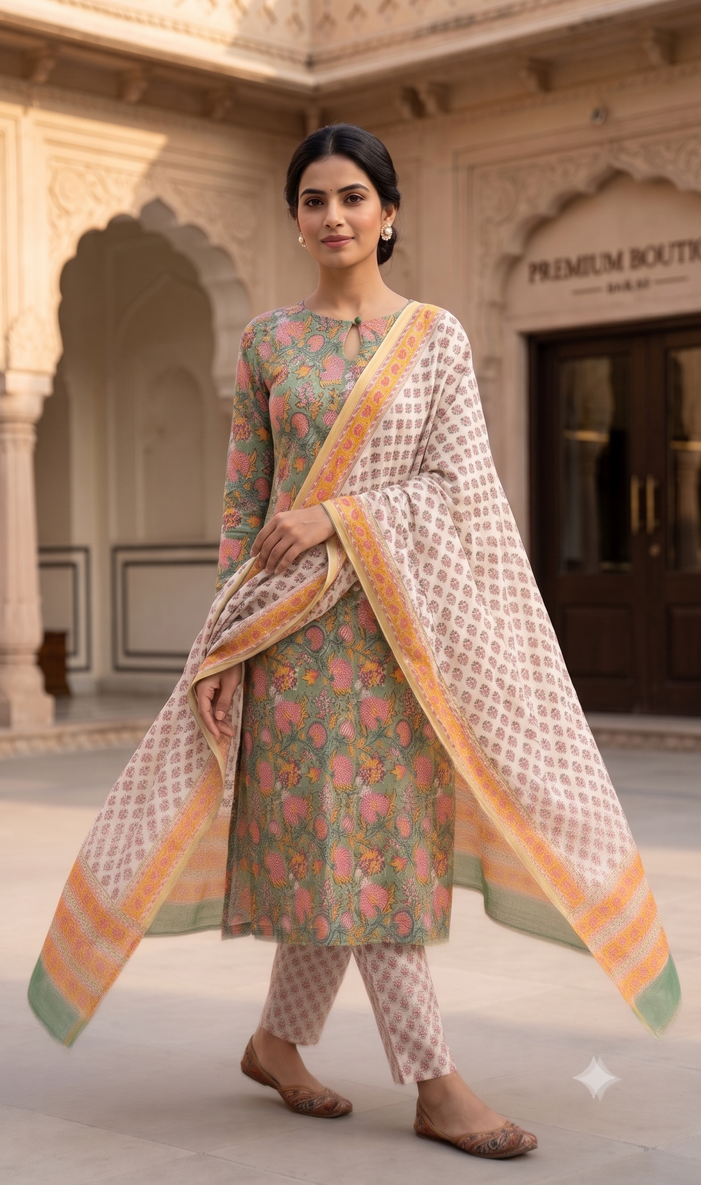 Sage Green and Pink Floral Jaal Jaipur Hand Block Print Unstitched Suit with Buti Dupatta