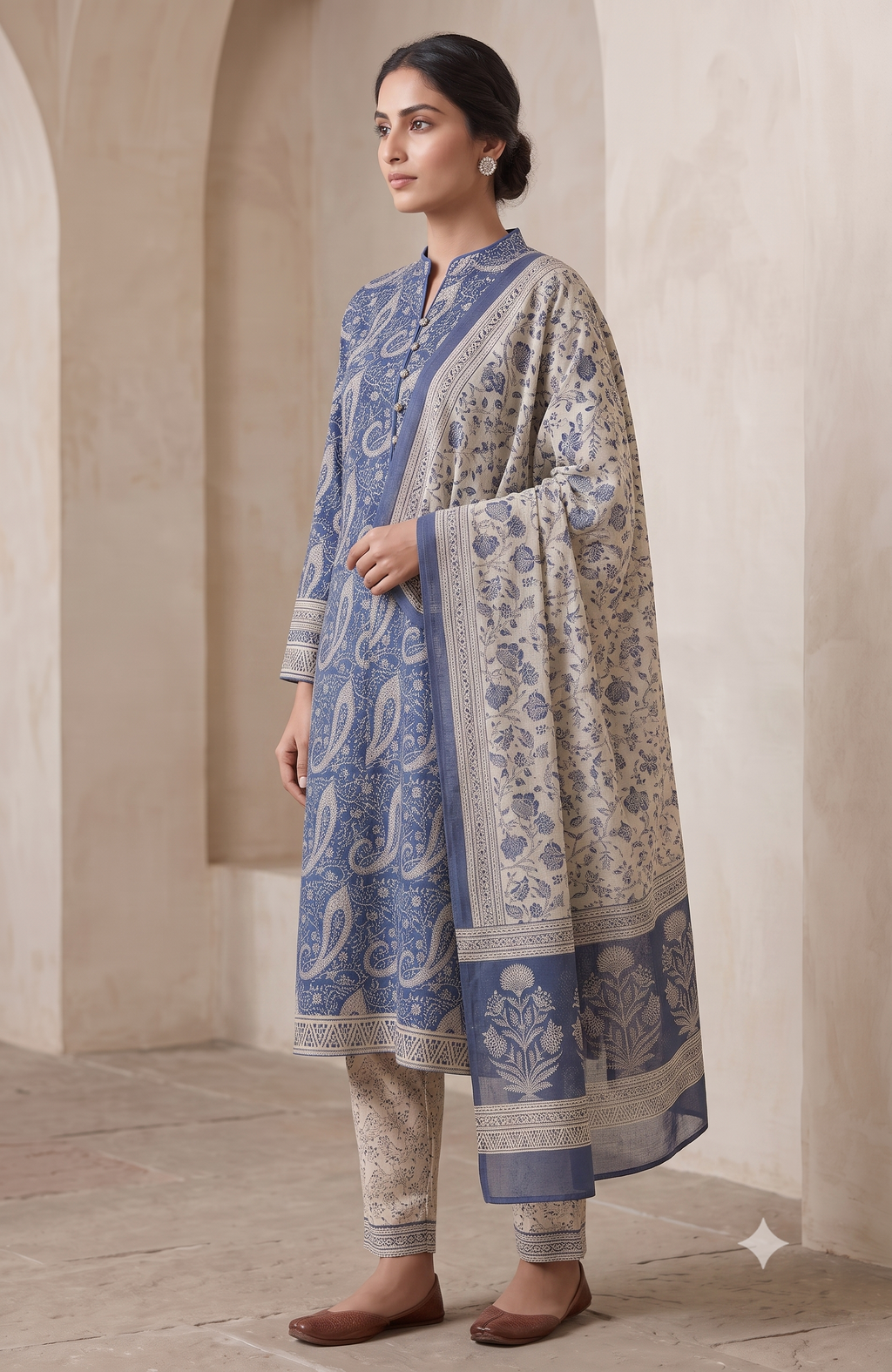 Indigo Blue Paisley Jaipur Hand Block Print Unstitched Suit with Floral Dupatta