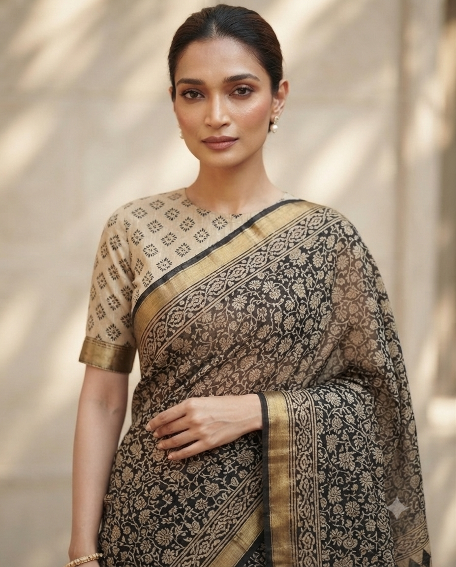 Premium Black & Antique Gold Handloom Cotton Saree | Artisan Woven Traditional Indian Saree