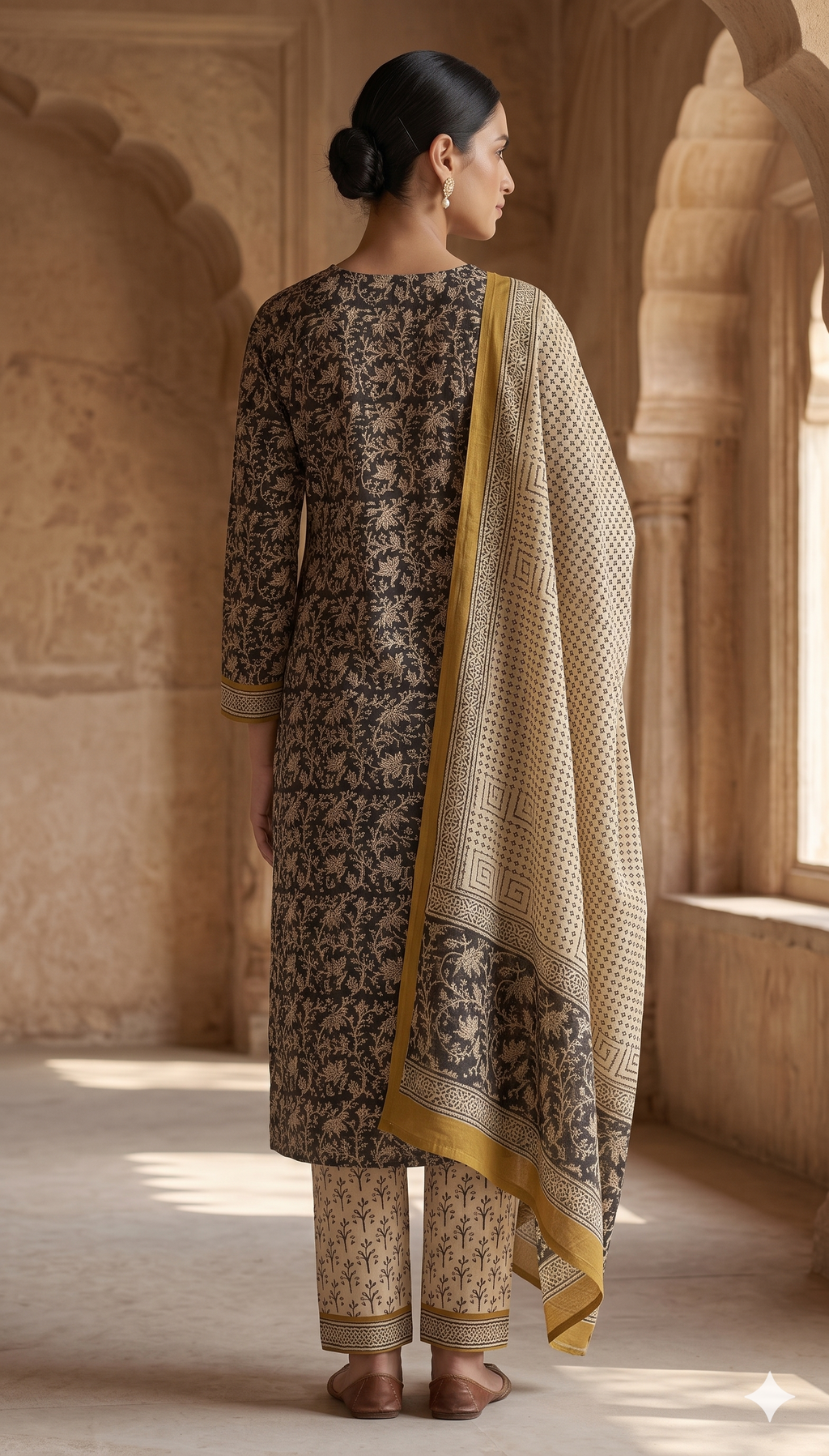 Black Floral Jaal Jaipur Hand Block Print Unstitched Suit with Geometric Dupatta