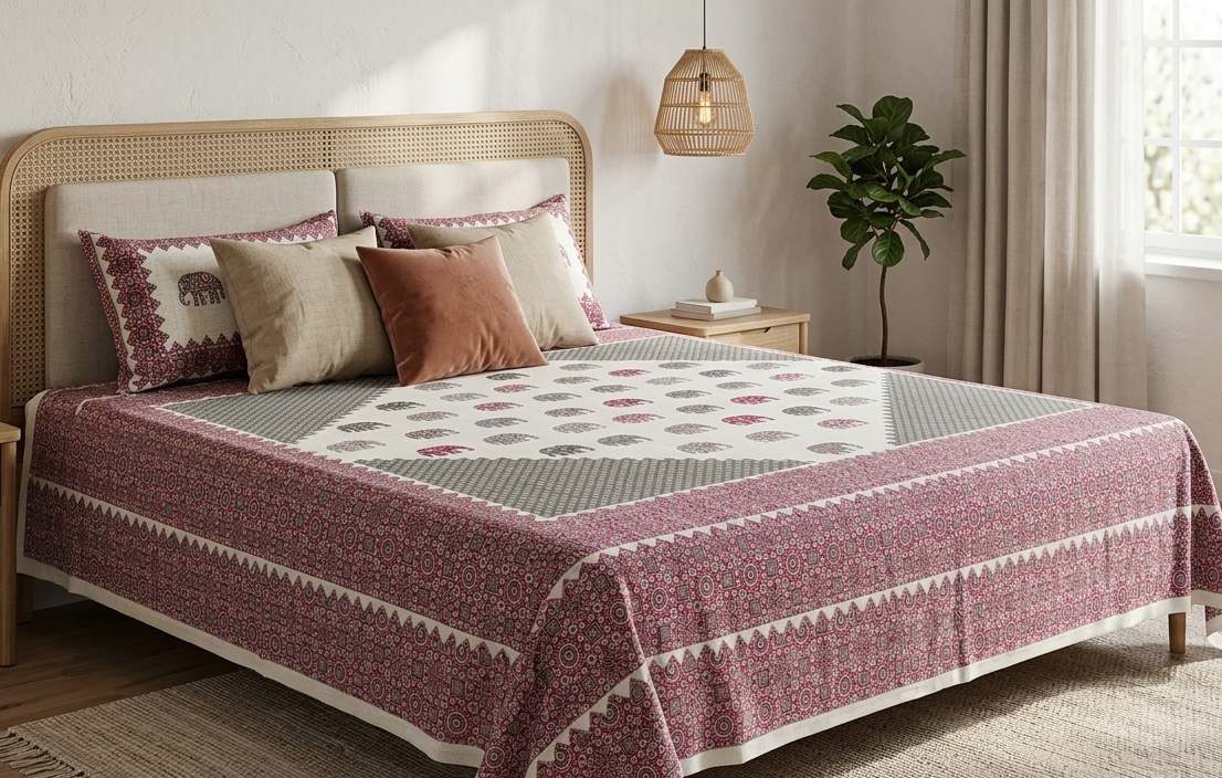 Traditional Elephant Block Print Paneled Cotton Bedsheet Set (Maroon & Grey)