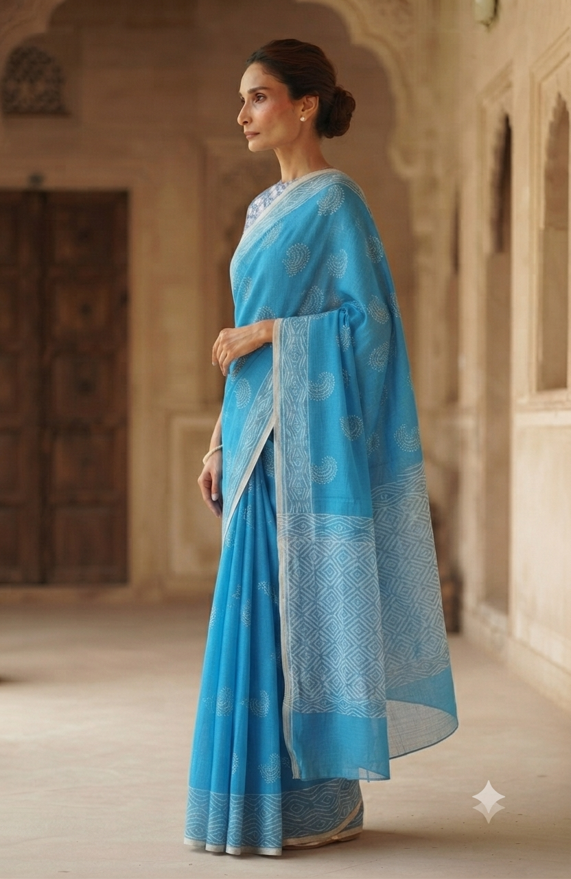 Premium Sky Blue Handloom Cotton Saree with White Woven Border | Lightweight Indian Artisan Saree