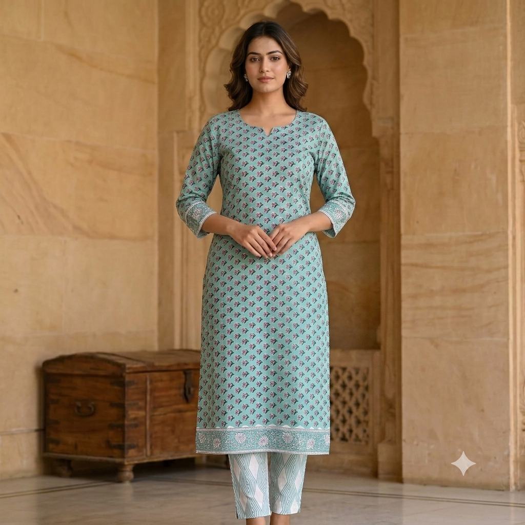 Light Aqua Floral Buti Jaipur Hand Block Print Unstitched Suit