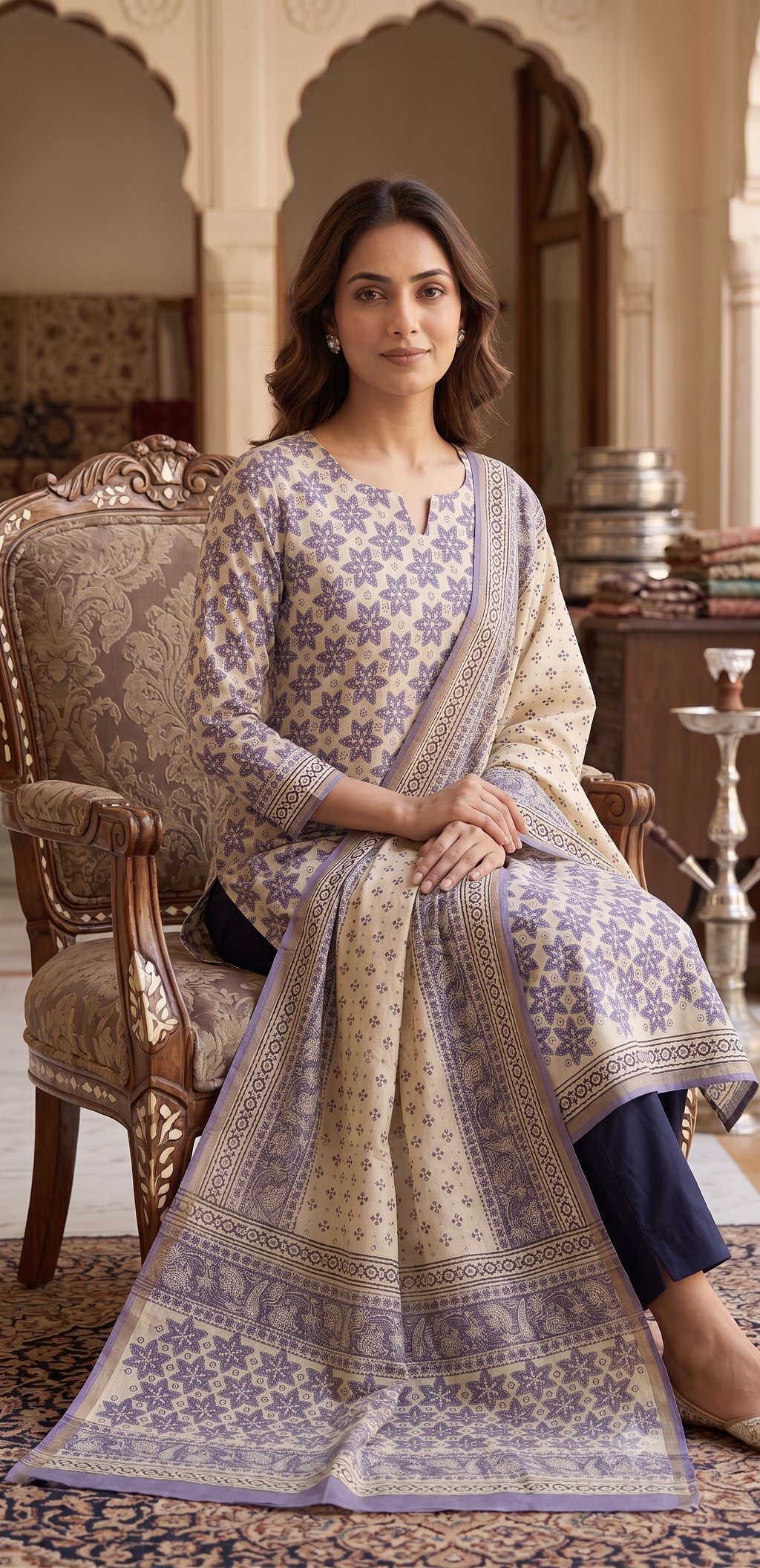 Lilac Star Geometric Jaipur Hand Block Print Unstitched Suit with Solid Bottom