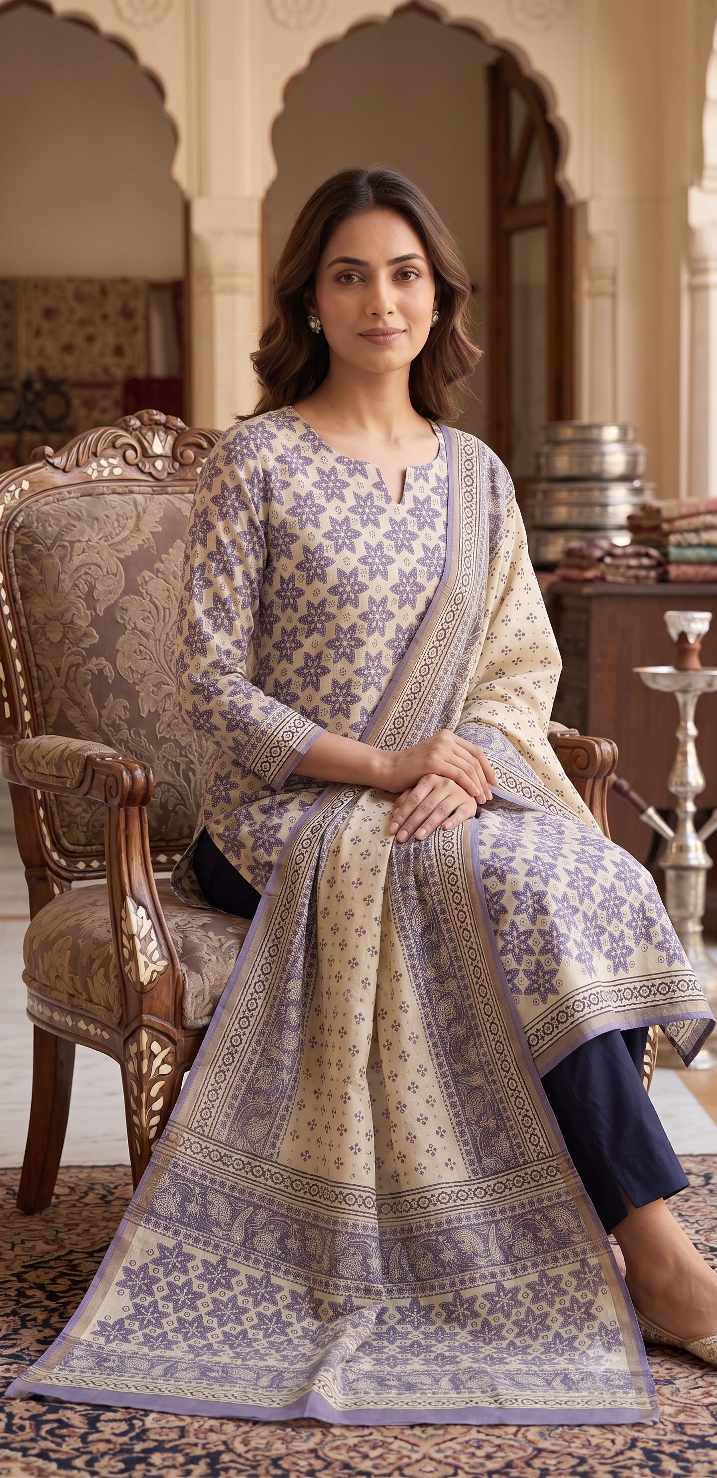 Lilac Star Geometric Jaipur Hand Block Print Unstitched Suit with Solid Bottom