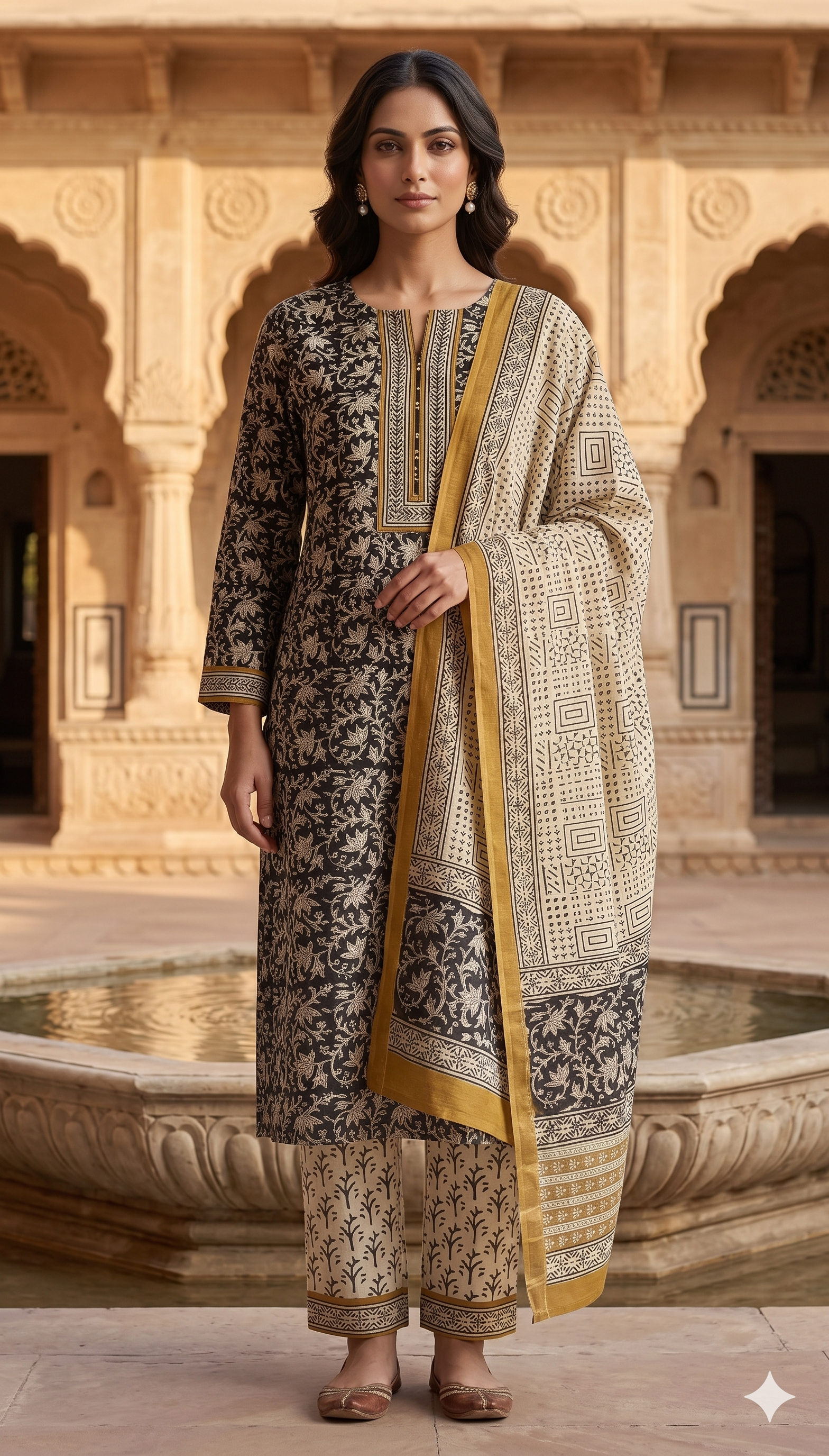 Black Floral Jaal Jaipur Hand Block Print Unstitched Suit with Geometric Dupatta