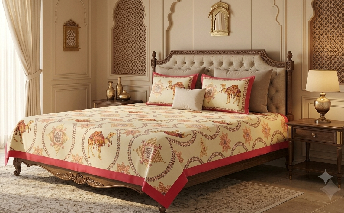 Authentic Rajasthani Camel Motif Pure Cotton Bedsheet Set with Vibrant Pink Border