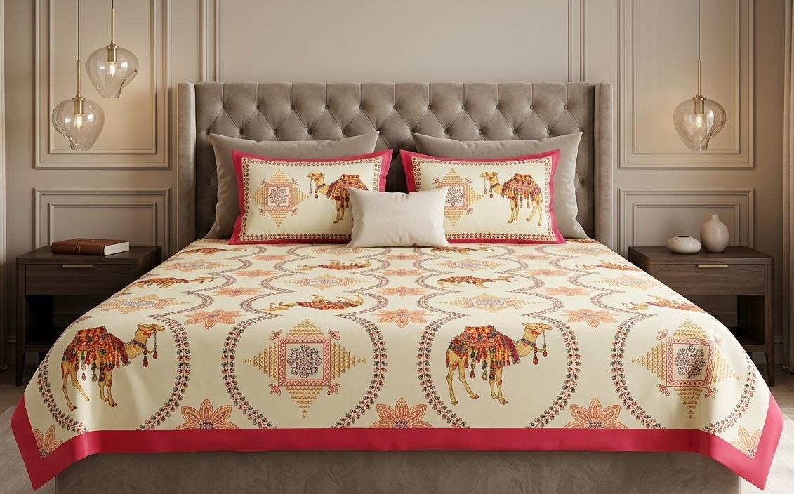 Authentic Rajasthani Camel Motif Pure Cotton Bedsheet Set with Vibrant Pink Border