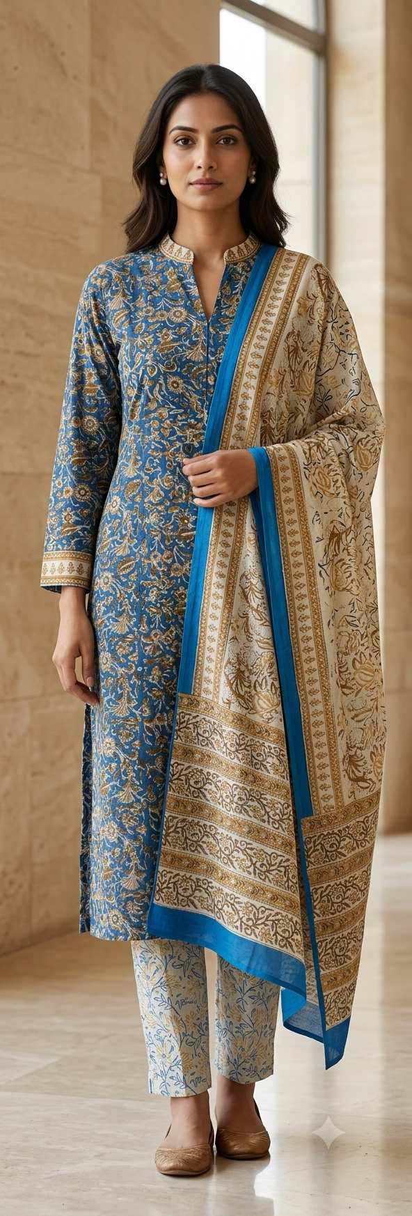 Dusty Blue Floral Jaal Jaipur Hand Block Print Unstitched Suit with Paisley Dupatta