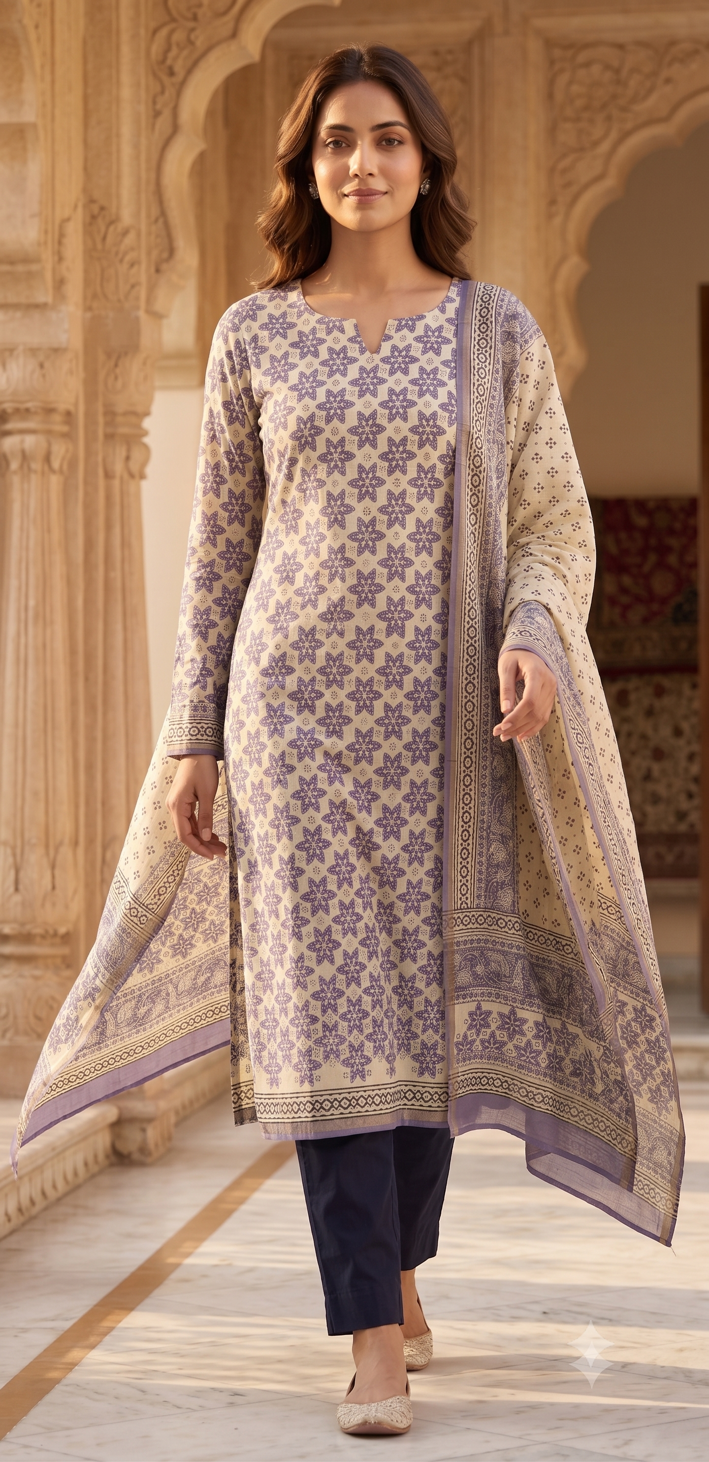 Lilac Star Geometric Jaipur Hand Block Print Unstitched Suit with Solid Bottom