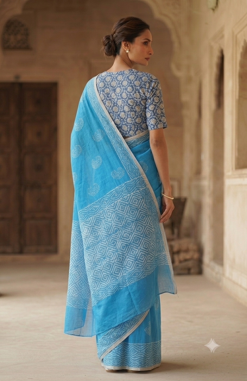 Premium Sky Blue Handloom Cotton Saree with White Woven Border | Lightweight Indian Artisan Saree