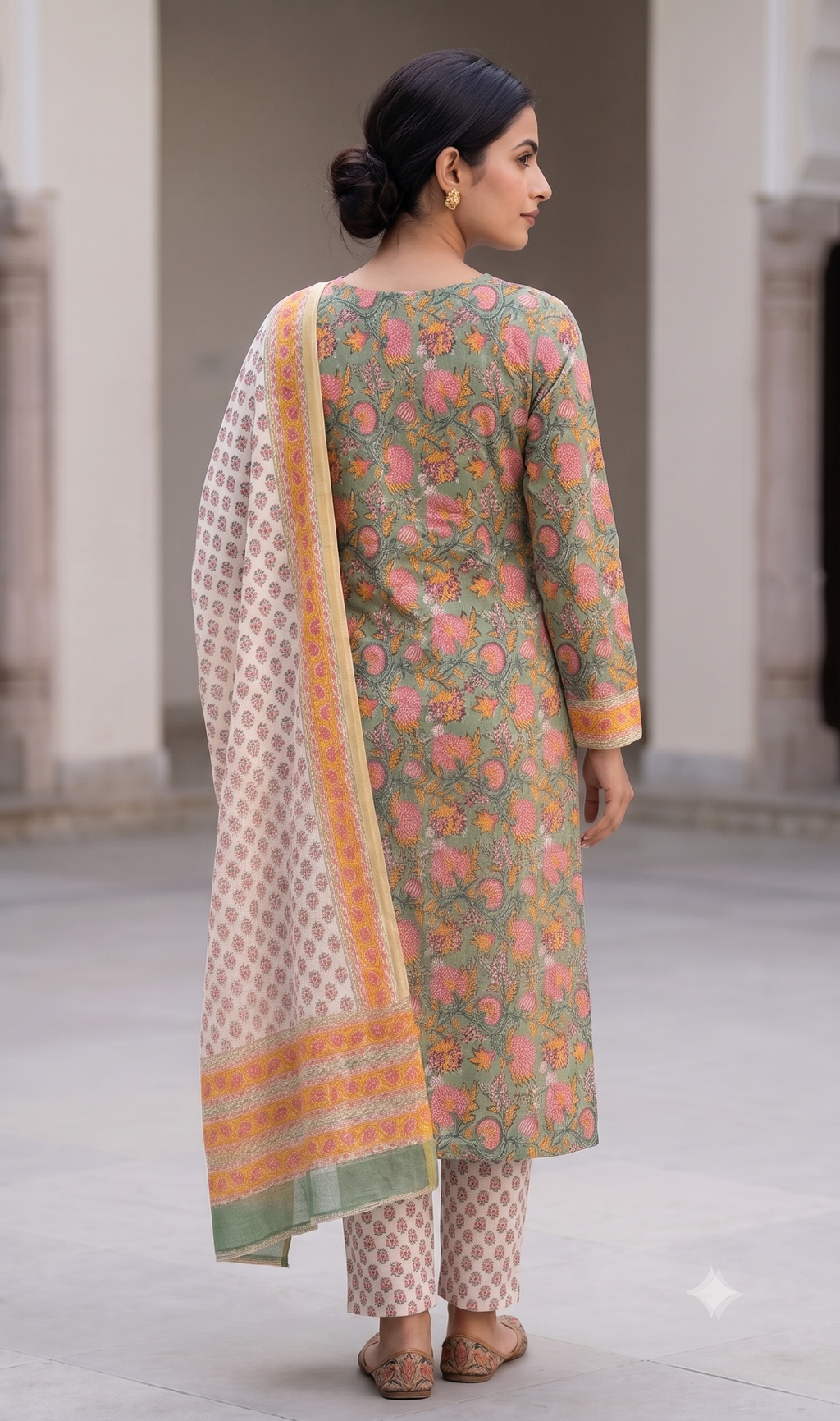 Sage Green and Pink Floral Jaal Jaipur Hand Block Print Unstitched Suit with Buti Dupatta