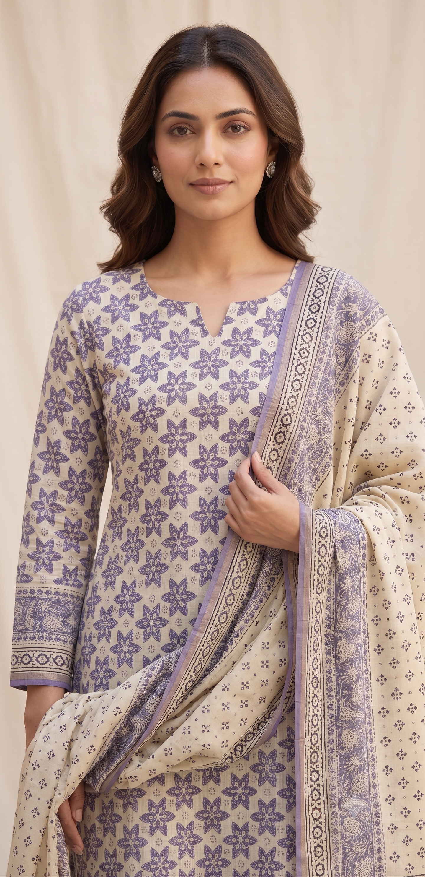 Lilac Star Geometric Jaipur Hand Block Print Unstitched Suit with Solid Bottom