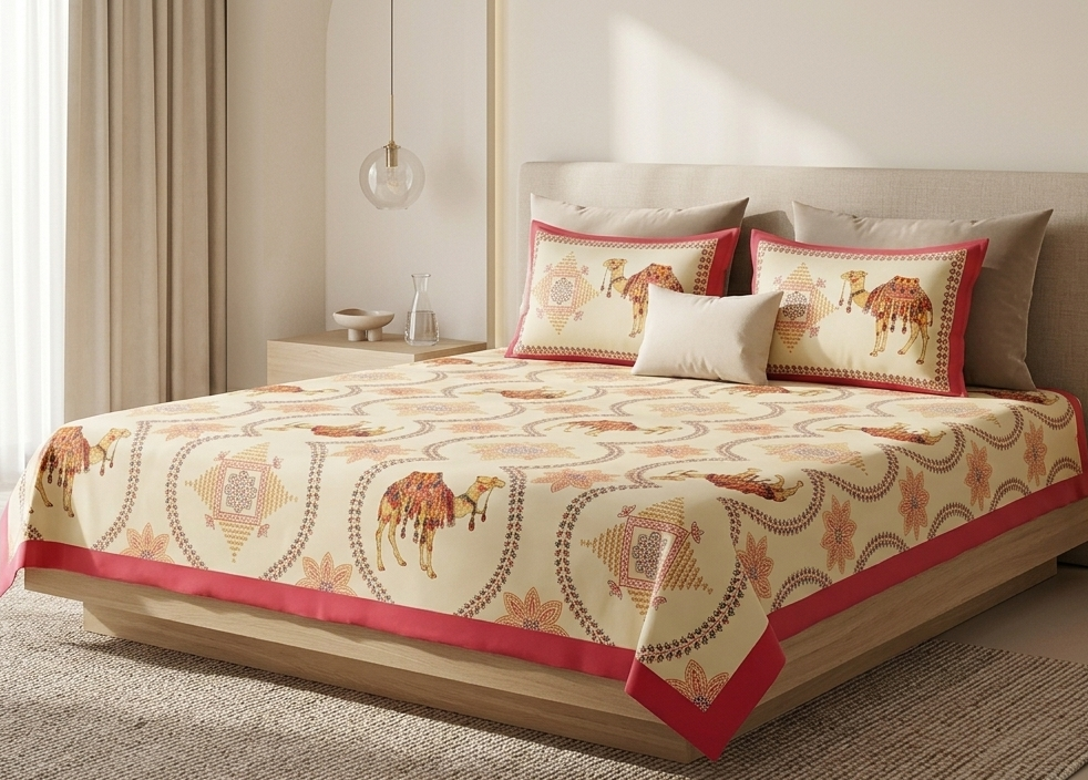 Authentic Rajasthani Camel Motif Pure Cotton Bedsheet Set with Vibrant Pink Border