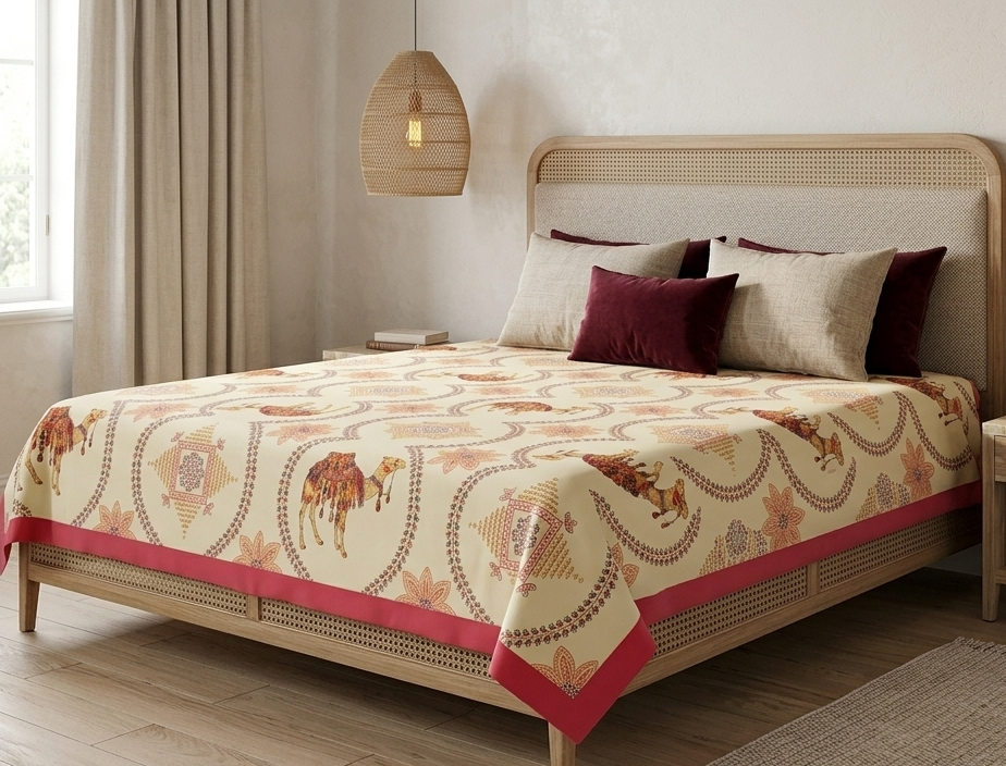 Authentic Rajasthani Camel Motif Pure Cotton Bedsheet Set with Vibrant Pink Border