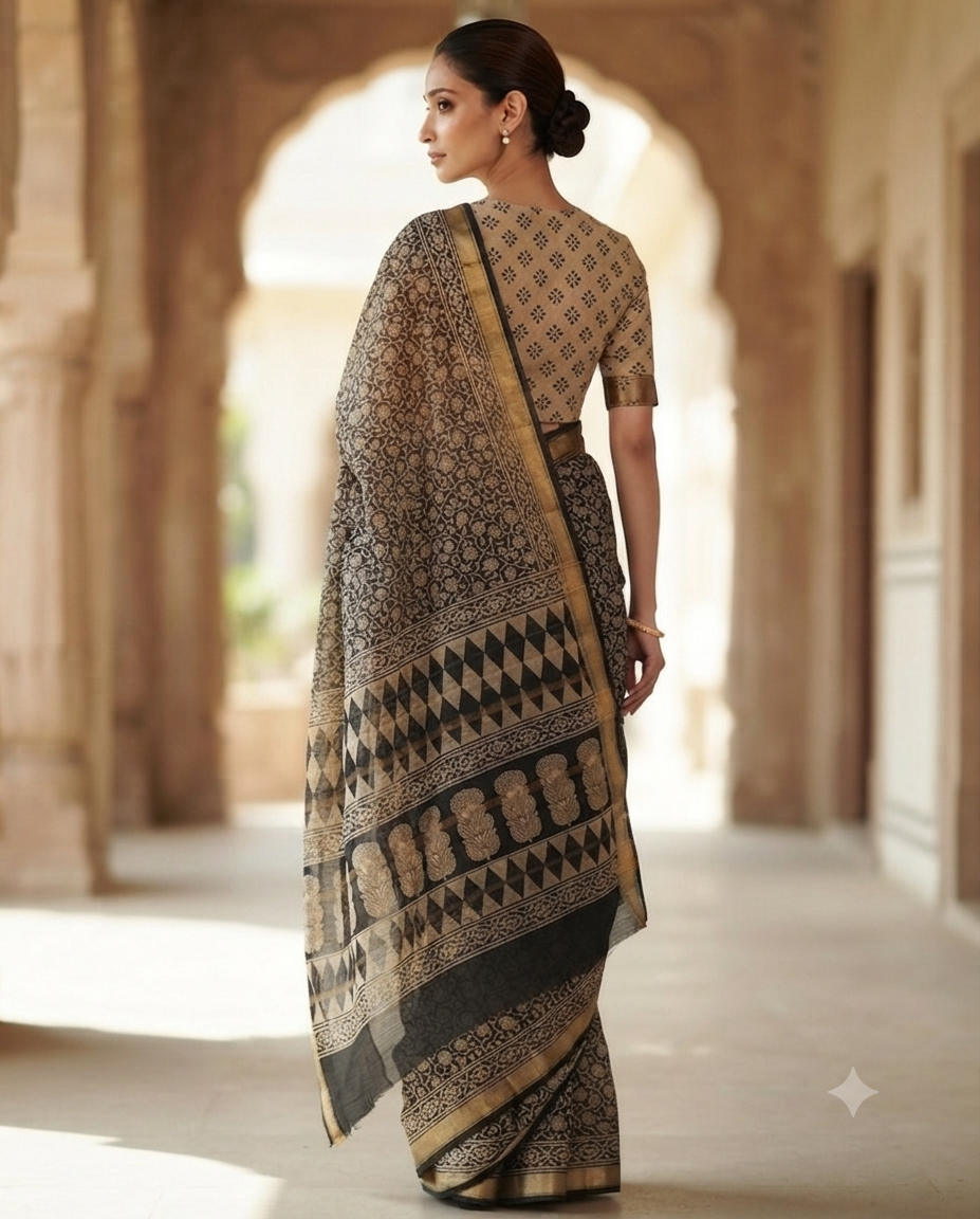 Premium Black & Antique Gold Handloom Cotton Saree | Artisan Woven Traditional Indian Saree
