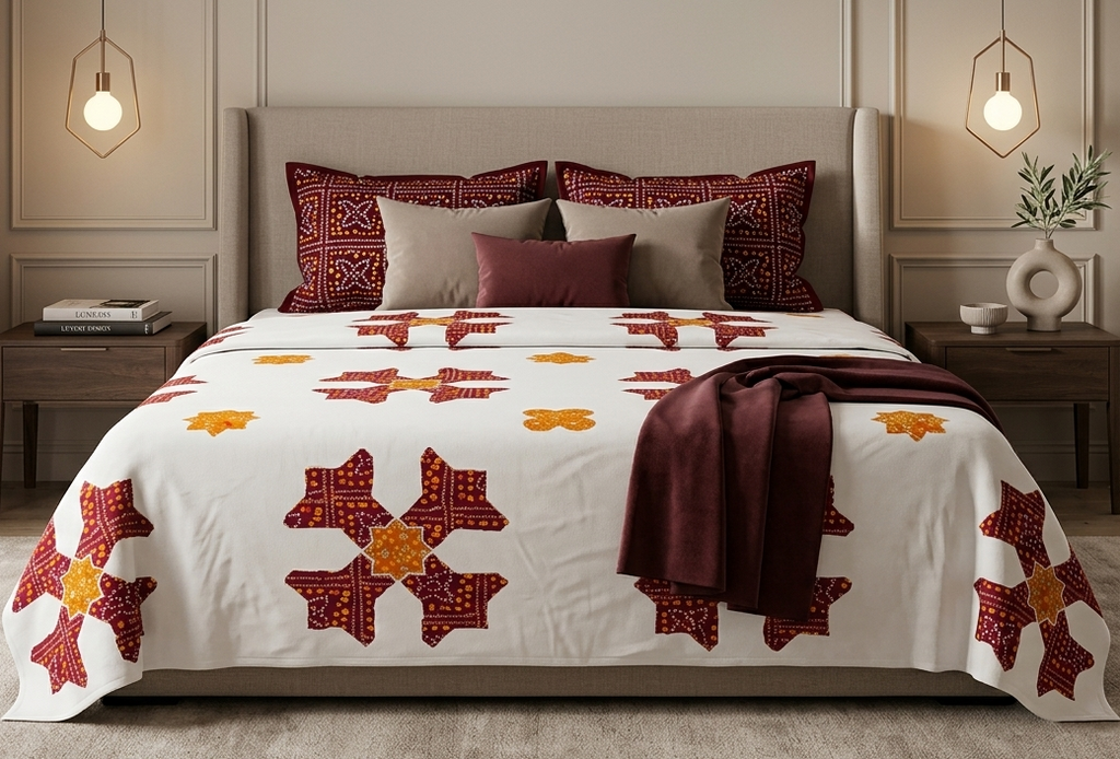 Traditional Bandhani Inspired Maroon & Mustard Cotton Bedsheet Set