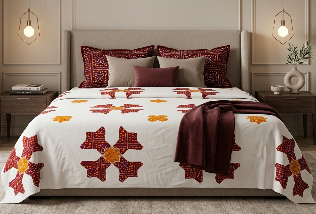 Traditional Bandhani Inspired Maroon & Mustard Cotton Bedsheet Set