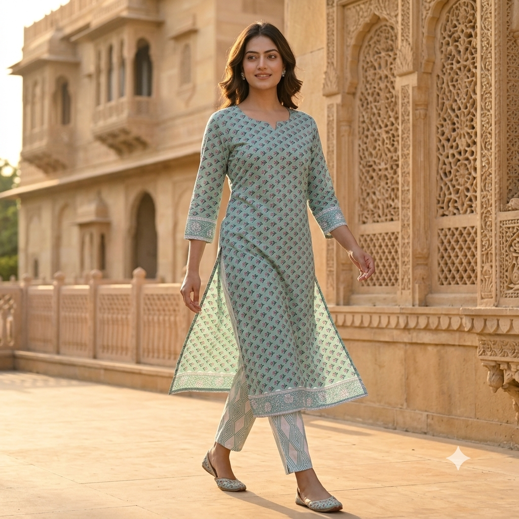 Light Aqua Floral Buti Jaipur Hand Block Print Unstitched Suit