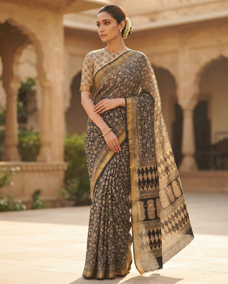 Premium Black & Antique Gold Handloom Cotton Saree | Artisan Woven Traditional Indian Saree