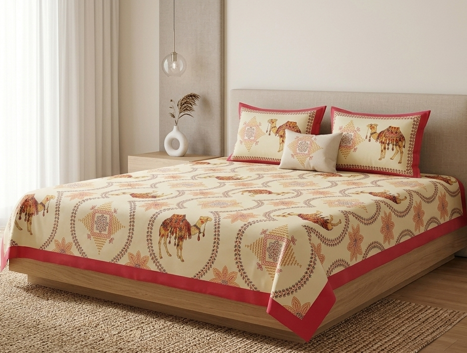 Authentic Rajasthani Camel Motif Pure Cotton Bedsheet Set with Vibrant Pink Border