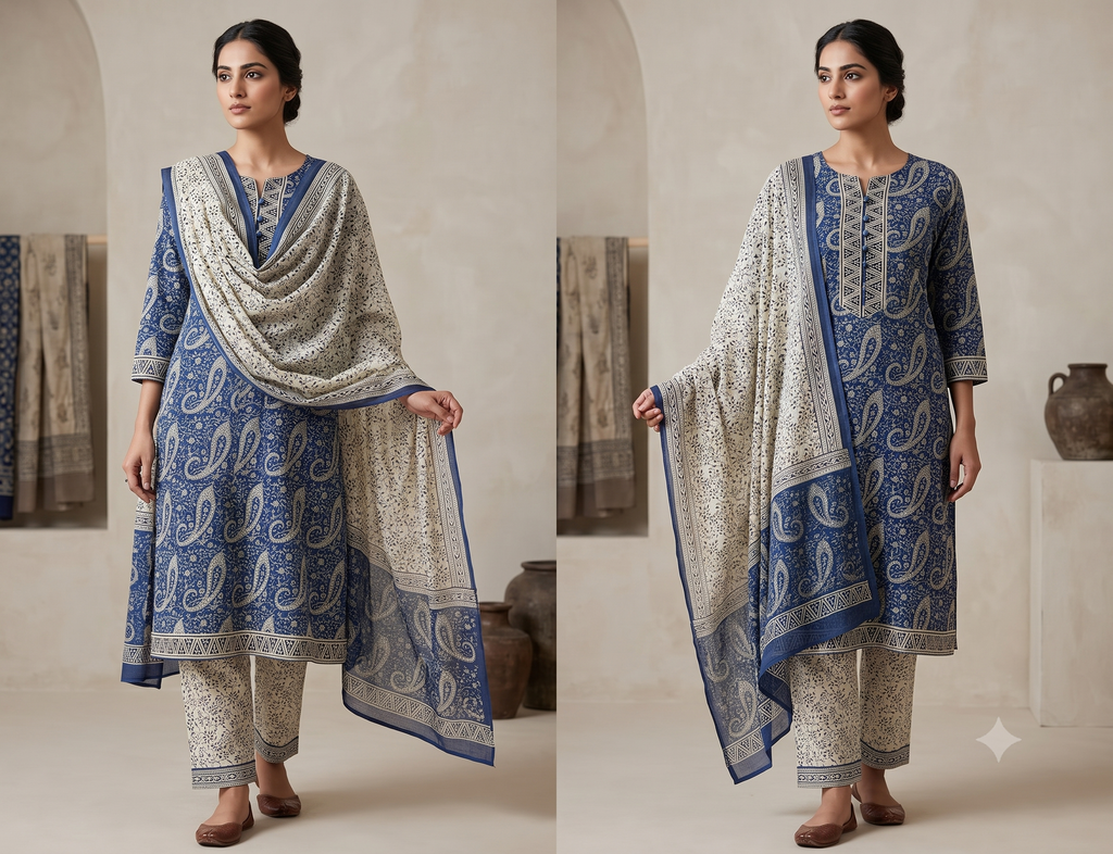 Indigo Blue Paisley Jaipur Hand Block Print Unstitched Suit with Floral Dupatta