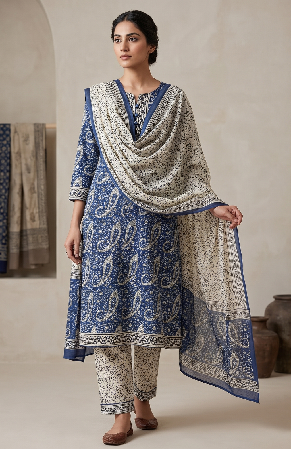 Indigo Blue Paisley Jaipur Hand Block Print Unstitched Suit with Floral Dupatta