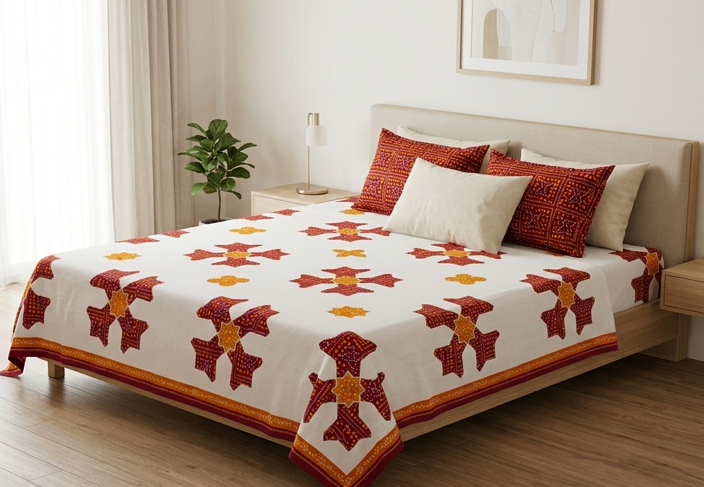 Traditional Bandhani Inspired Maroon & Mustard Cotton Bedsheet Set