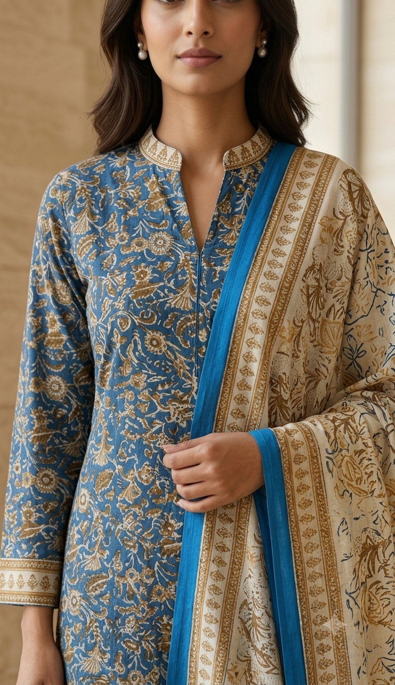 Dusty Blue Floral Jaal Jaipur Hand Block Print Unstitched Suit with Paisley Dupatta