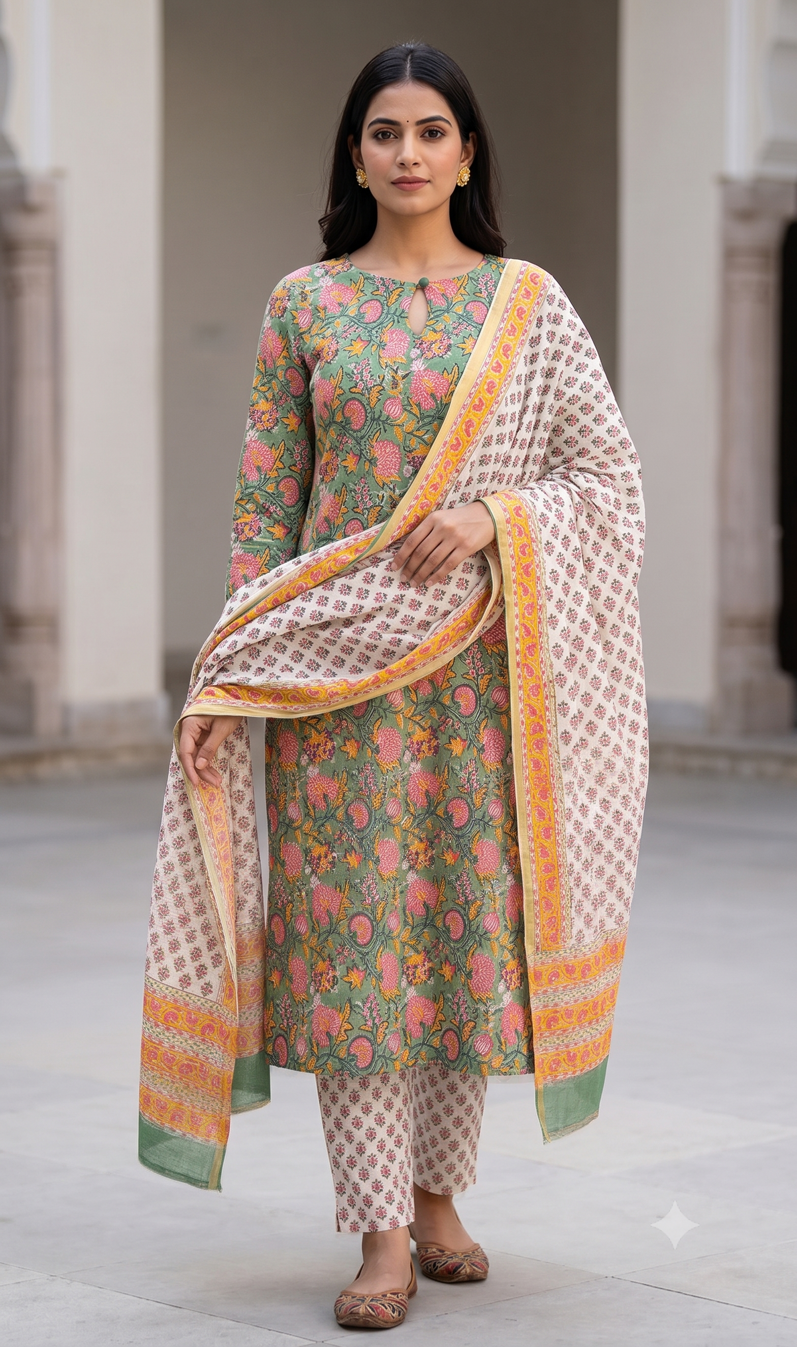 Sage Green and Pink Floral Jaal Jaipur Hand Block Print Unstitched Suit with Buti Dupatta