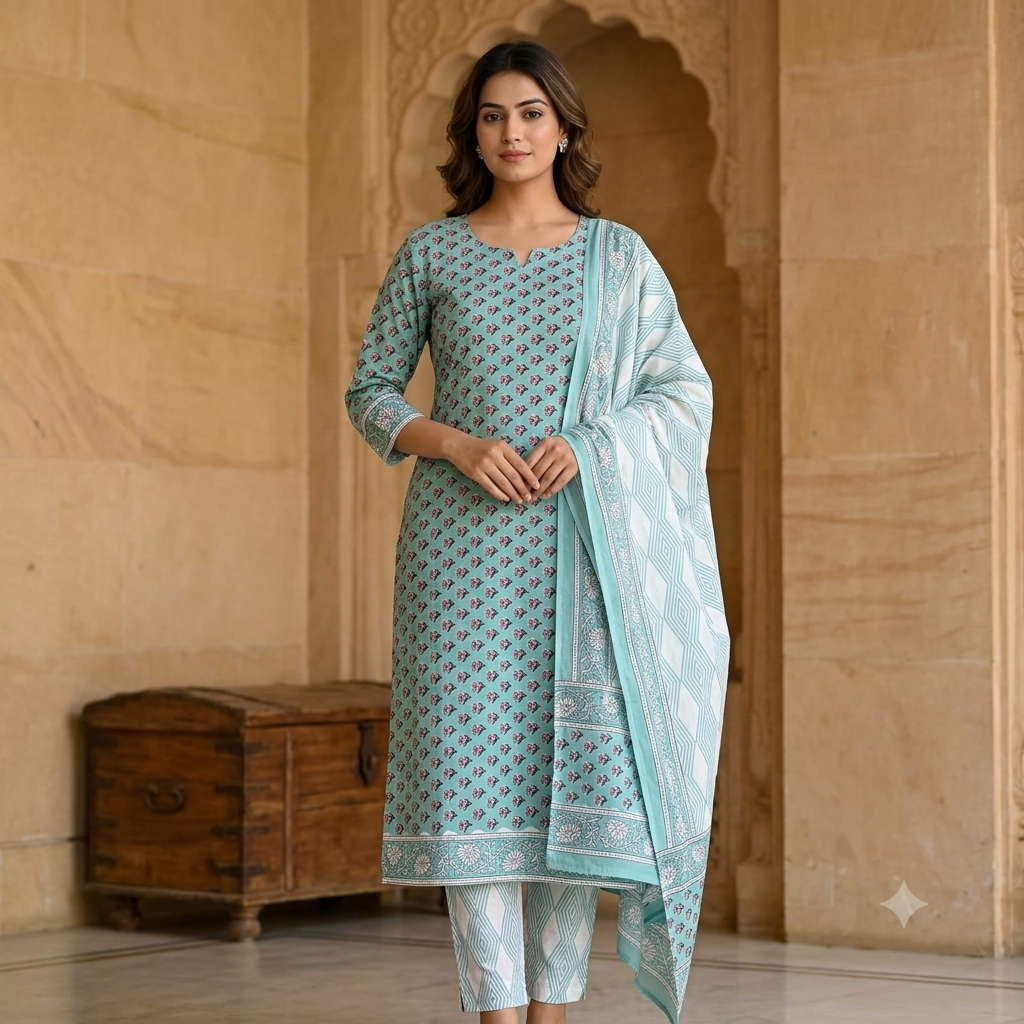 Light Aqua Floral Buti Jaipur Hand Block Print Unstitched Suit