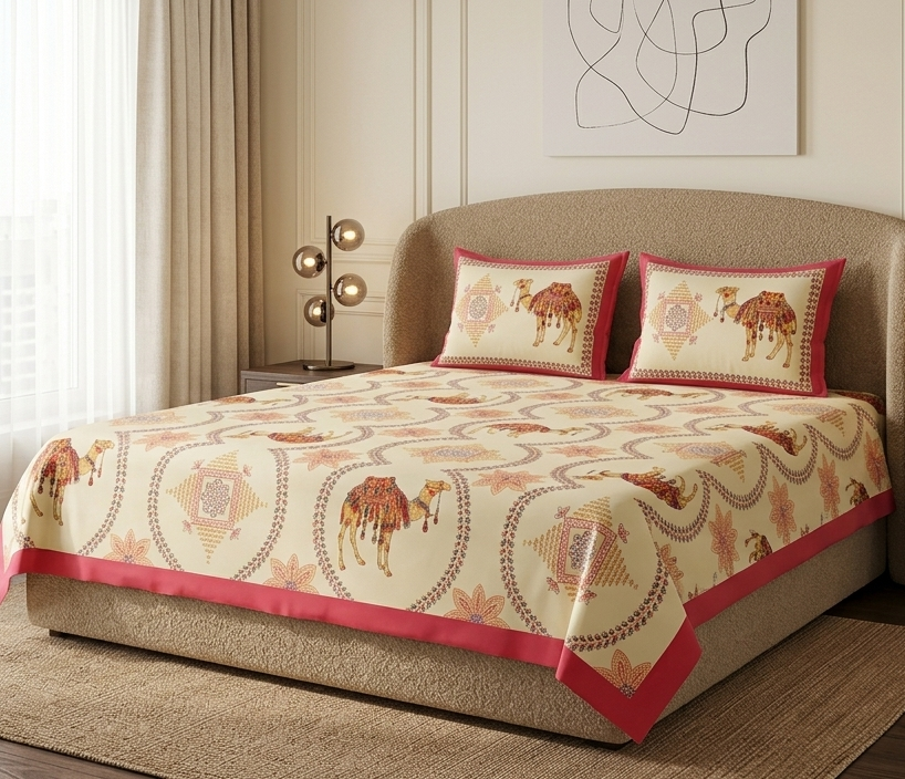 Authentic Rajasthani Camel Motif Pure Cotton Bedsheet Set with Vibrant Pink Border