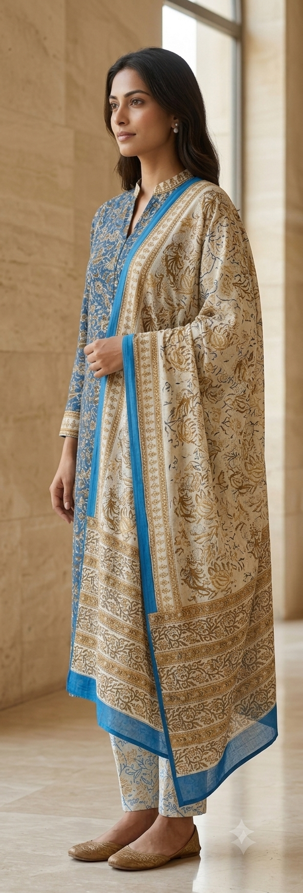 Dusty Blue Floral Jaal Jaipur Hand Block Print Unstitched Suit with Paisley Dupatta