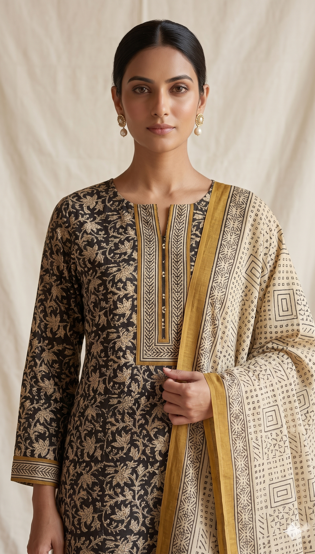 Black Floral Jaal Jaipur Hand Block Print Unstitched Suit with Geometric Dupatta