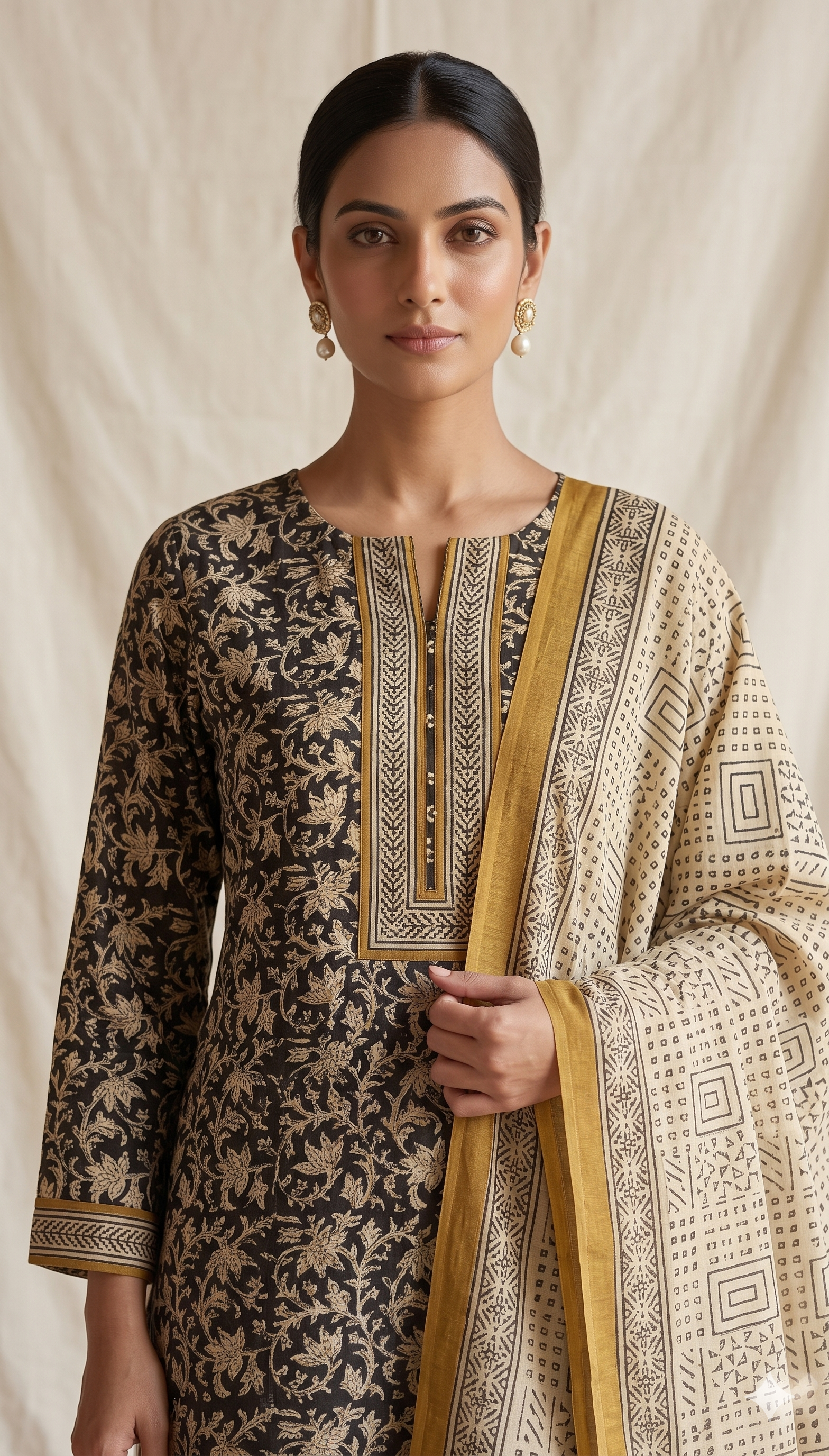 Black Floral Jaal Jaipur Hand Block Print Unstitched Suit with Geometric Dupatta