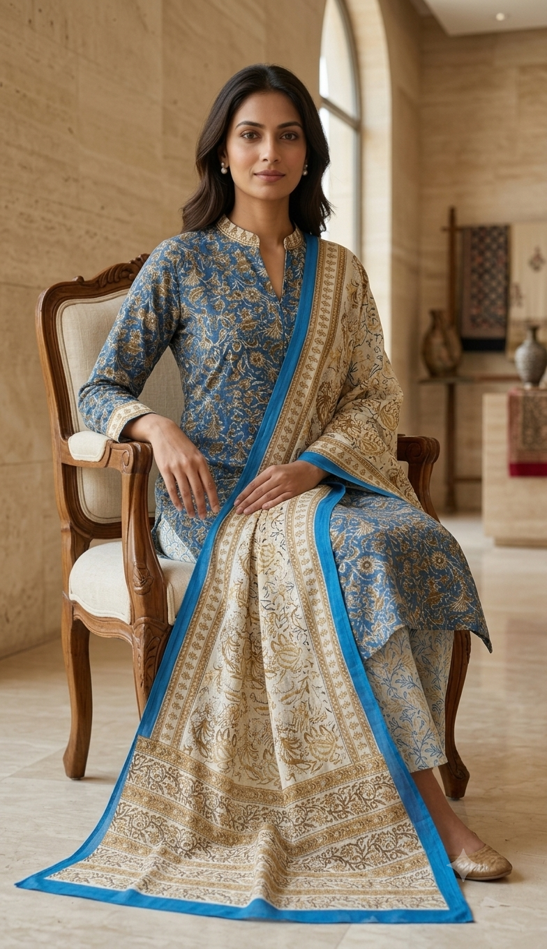 Dusty Blue Floral Jaal Jaipur Hand Block Print Unstitched Suit with Paisley Dupatta