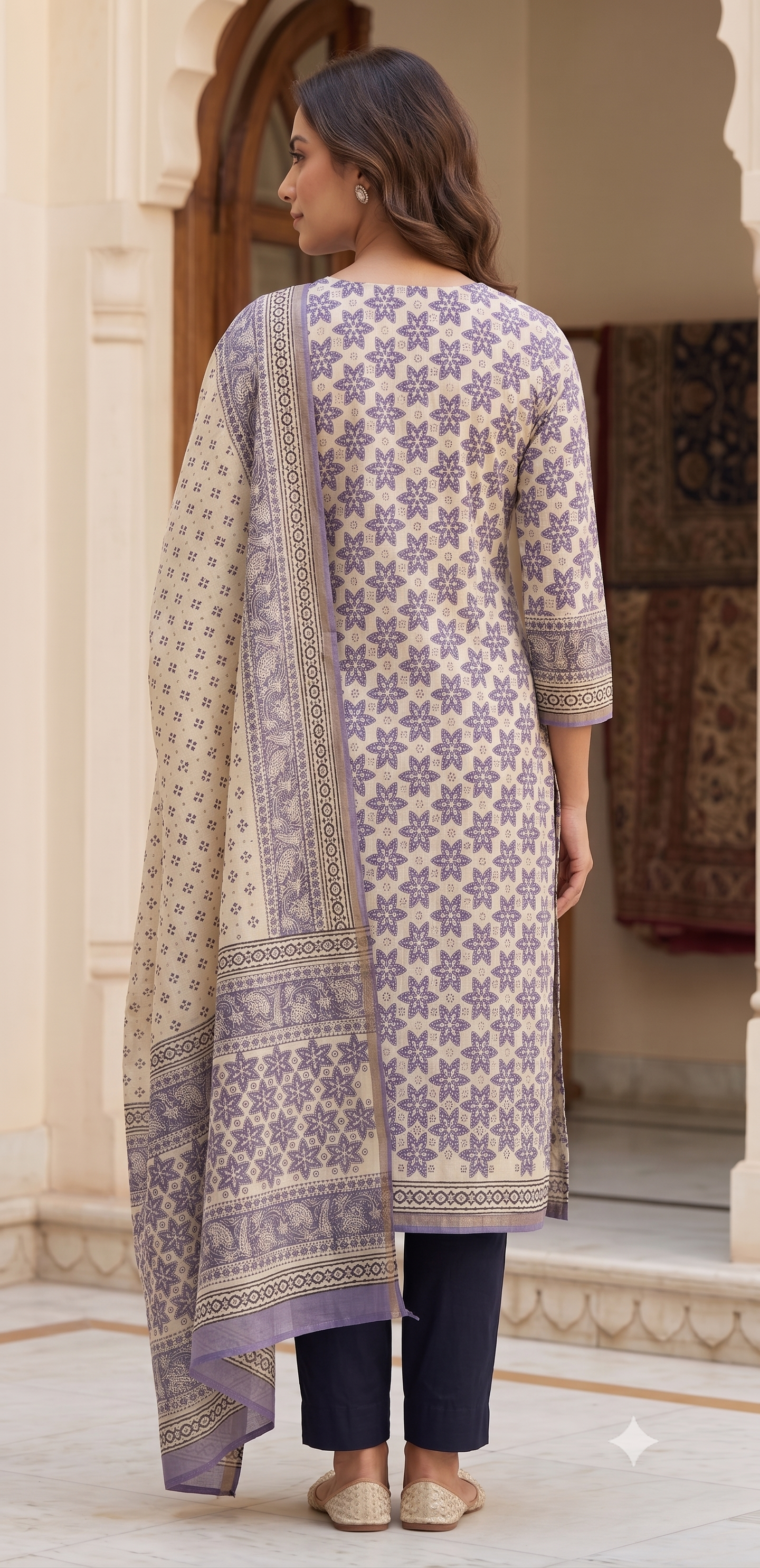 Lilac Star Geometric Jaipur Hand Block Print Unstitched Suit with Solid Bottom