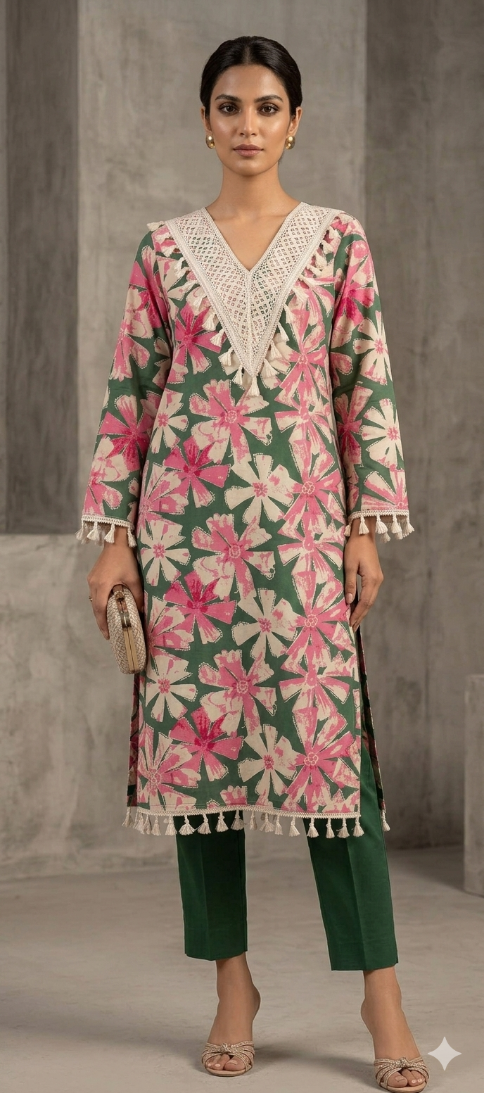 Botanical Bloom 3-Piece Cotton Suit – Forest Green