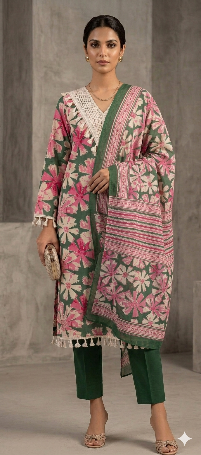 Botanical Bloom 3-Piece Cotton Suit – Forest Green