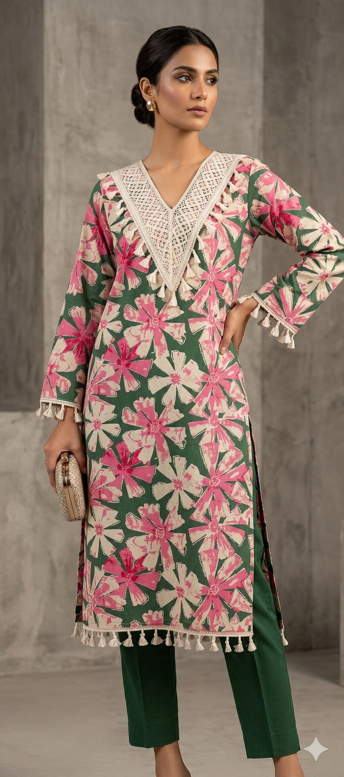 Botanical Bloom 3-Piece Cotton Suit – Forest Green
