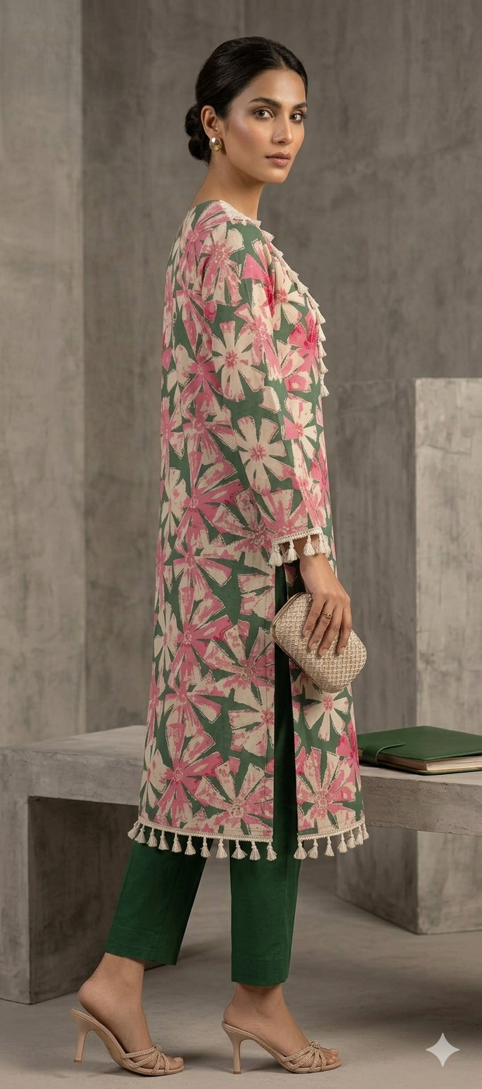 Botanical Bloom 3-Piece Cotton Suit – Forest Green