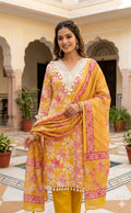 Yellow & Pink Floral Hand Block Print Unstitched Suit Set